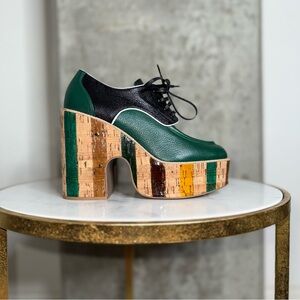 New Miu Miu Lace Up Leather Cork Platform Oxford Block Heel